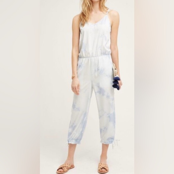 Anthropologie Marrakech Ebre Dyed Crop Jumpsuit Womens M Blue White Boho Coastal - Picture 1 of 12